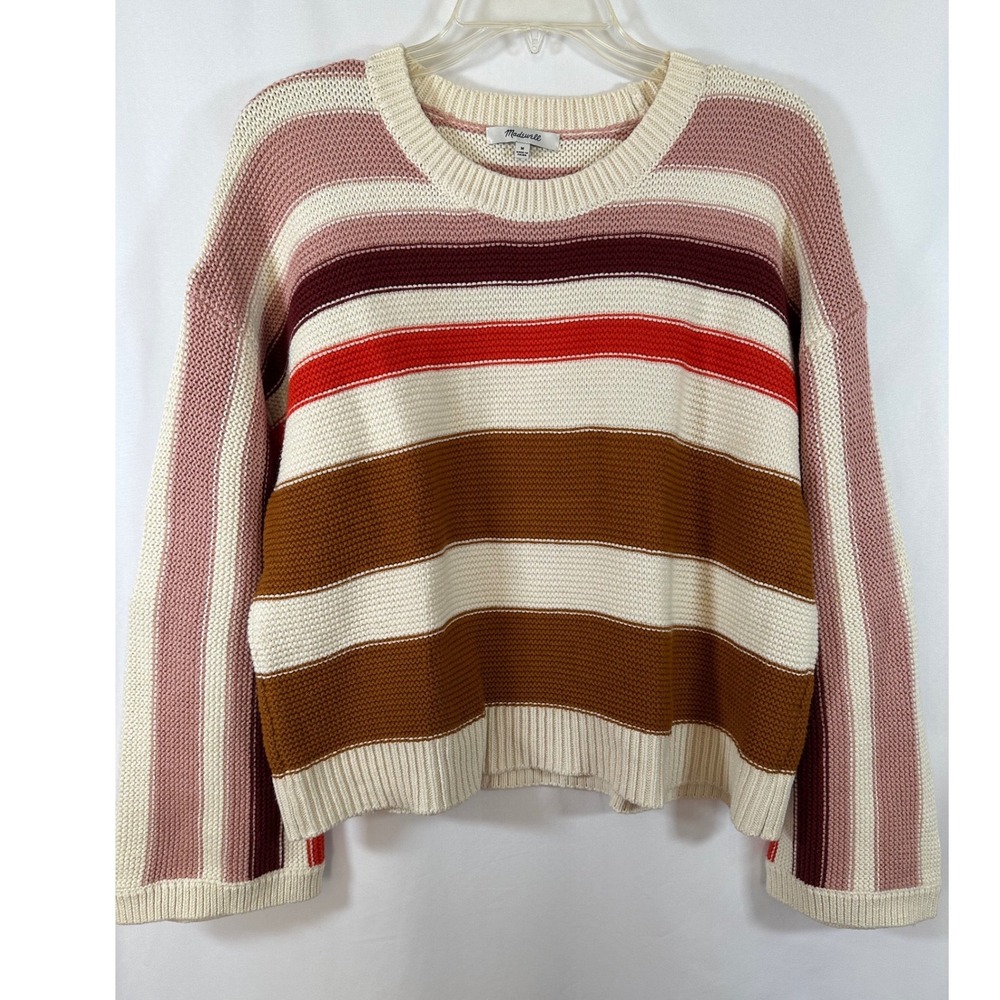Madewell Striped Textured-Stitch Crewneck Sweater Size M 100% Cotton Pink Rust